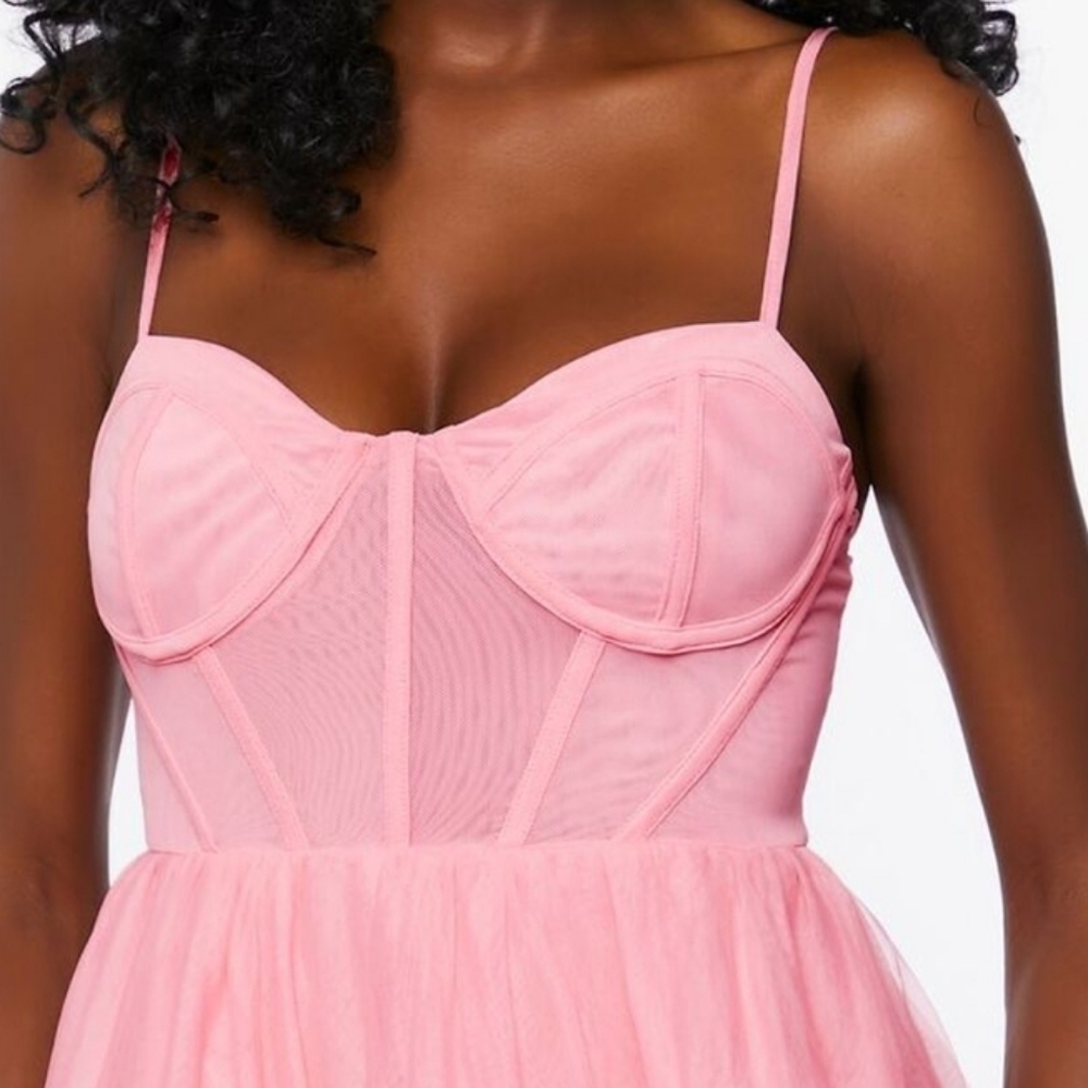 Pink Tulle Ruffled Bustier Midi Dress - Picture 4 of 12